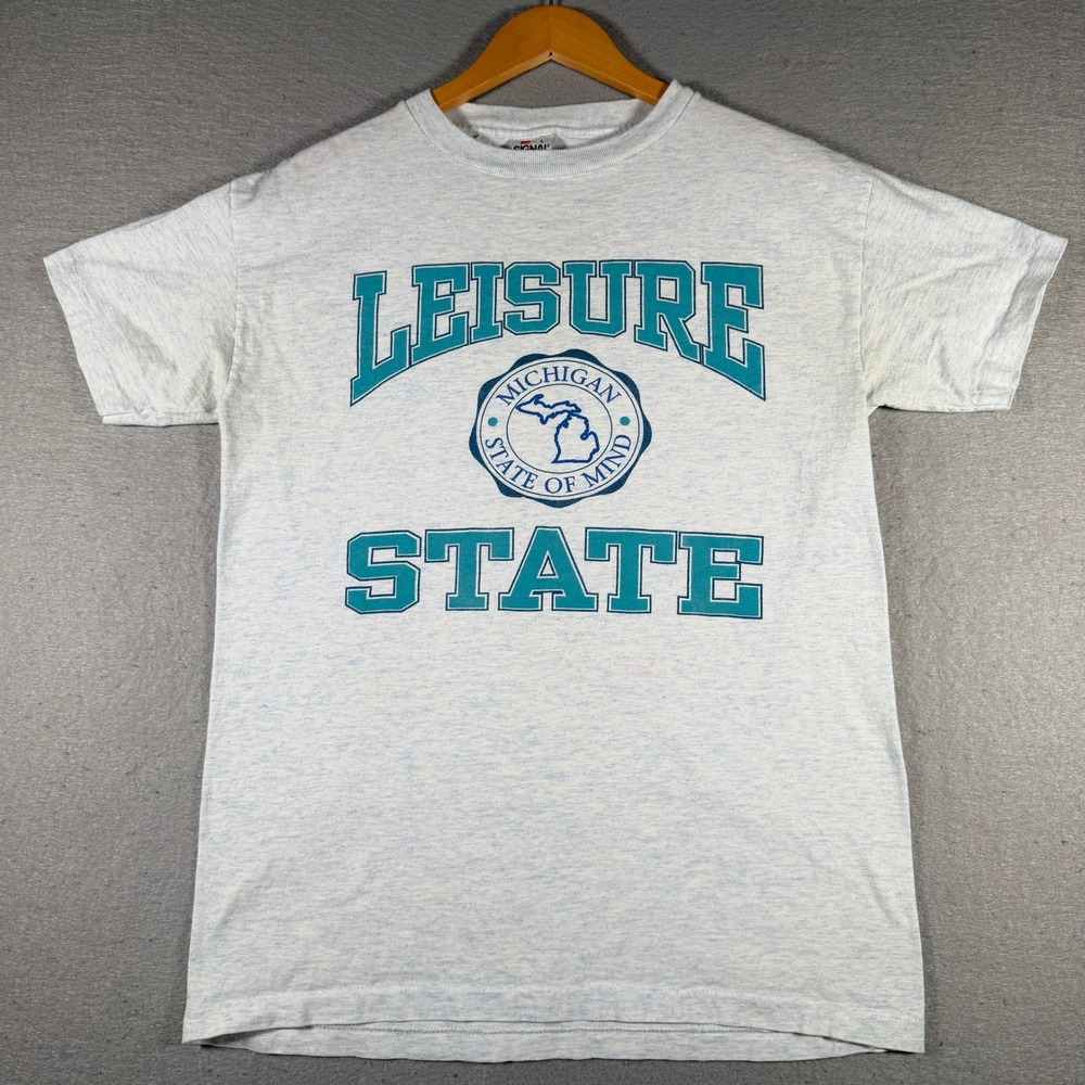 Vintage Signal Mega-Tee Michigan Leisure State T-Shirt Gray Teal Large 90s‎ USA